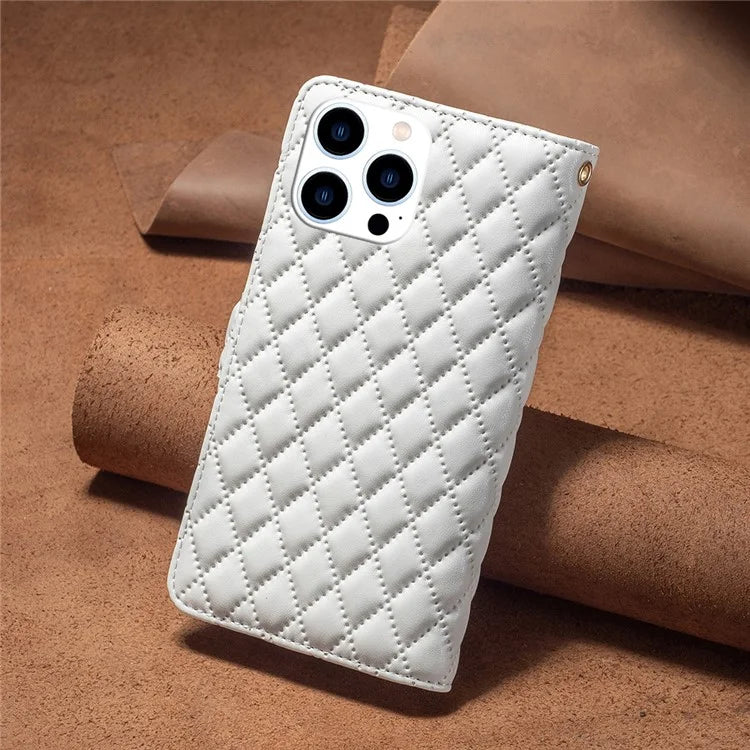 BINFEN COLOR BF Style-15 For iPhone 16 Pro Max Case Rhombus Imprint Leather Phone Cover