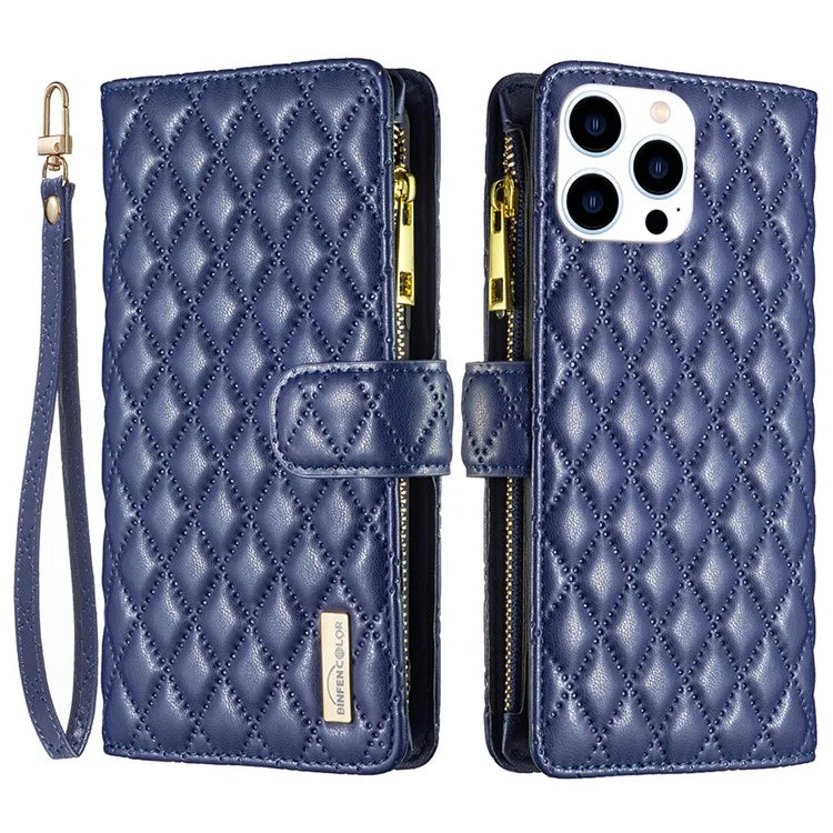 BINFEN COLOR BF Style-15 For iPhone 16 Pro Max Case Rhombus Imprint Leather Phone Cover
