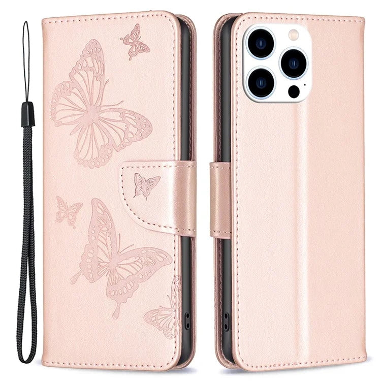 For iPhone 16 Pro Max Case Wallet Leather Phone Cover ButterflyImprinted Gold