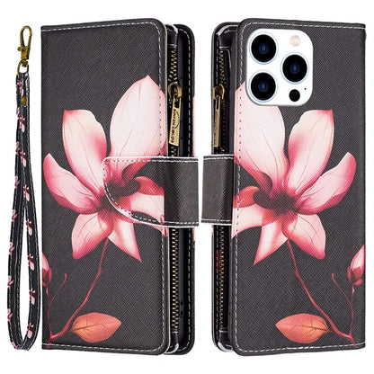 BF03 For iPhone 16 Pro Max Case Pattern Printing Zipper Leather Phone Cover