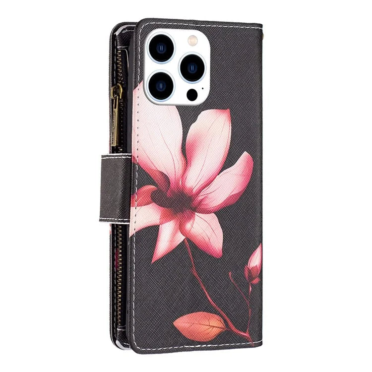 BF03 For iPhone 16 Pro Max Case Pattern Printing Zipper Leather Phone Cover