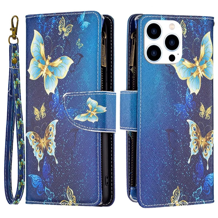 BF03 For iPhone 16 Pro Max Case Pattern Printing Zipper Leather Phone Cover