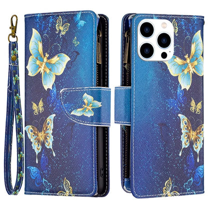 BF03 For iPhone 16 Pro Max Case Pattern Printing Zipper Leather Phone Cover