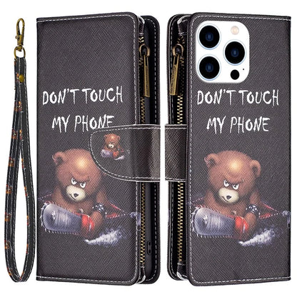 BF03 For iPhone 16 Pro Max Case Pattern Printing Zipper Leather Phone Cover