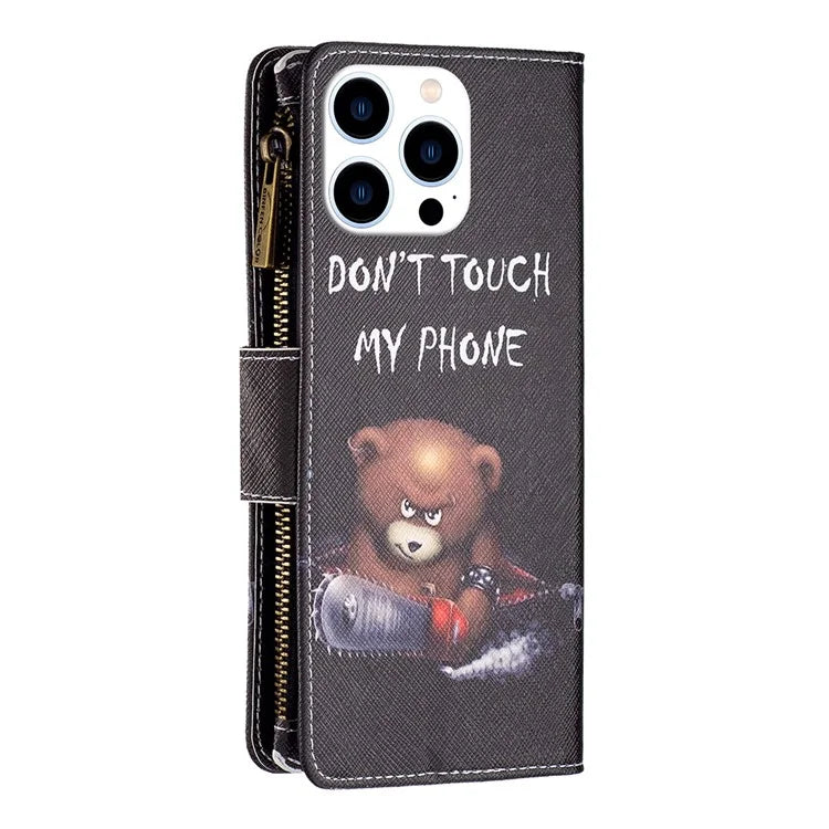 BF03 For iPhone 16 Pro Max Case Pattern Printing Zipper Leather Phone Cover