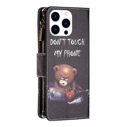 BF03 For iPhone 16 Pro Max Case Pattern Printing Zipper Leather Phone Cover