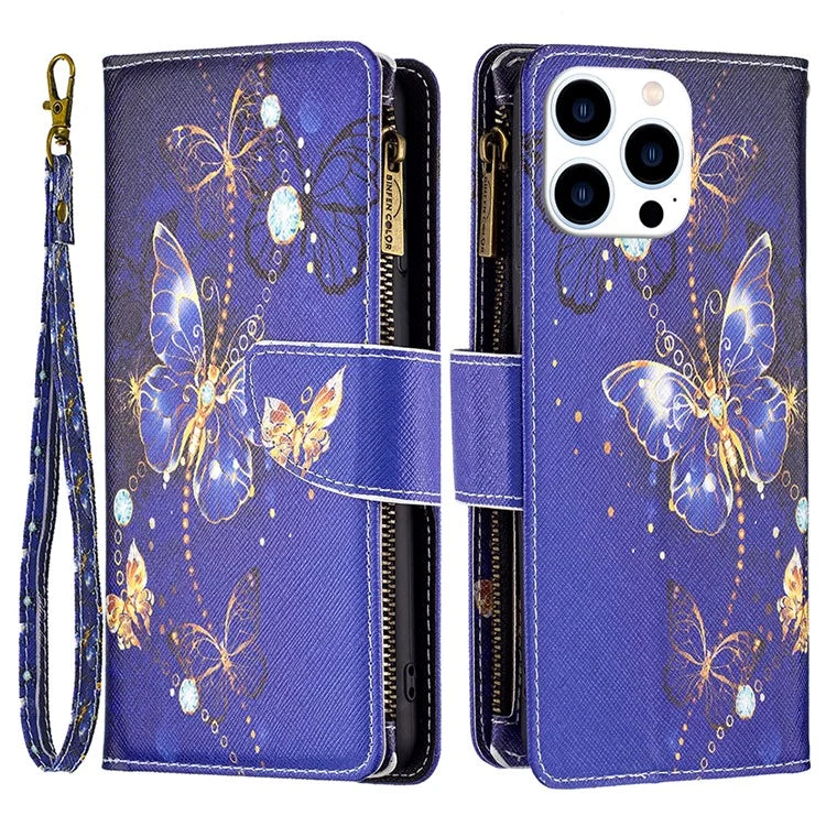 BF03 For iPhone 16 Pro Max Case Pattern Printing Zipper Leather Phone Cover