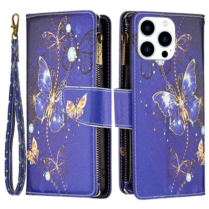 BF03 For iPhone 16 Pro Max Case Pattern Printing Zipper Leather Phone Cover