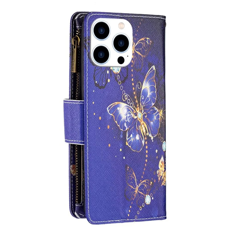 BF03 For iPhone 16 Pro Max Case Pattern Printing Zipper Leather Phone Cover