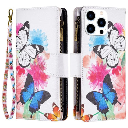 BF03 For iPhone 16 Pro Max Case Pattern Printing Zipper Leather Phone Cover