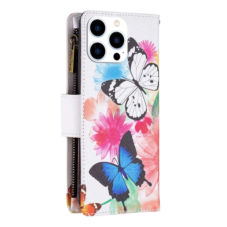 BF03 For iPhone 16 Pro Max Case Pattern Printing Zipper Leather Phone Cover
