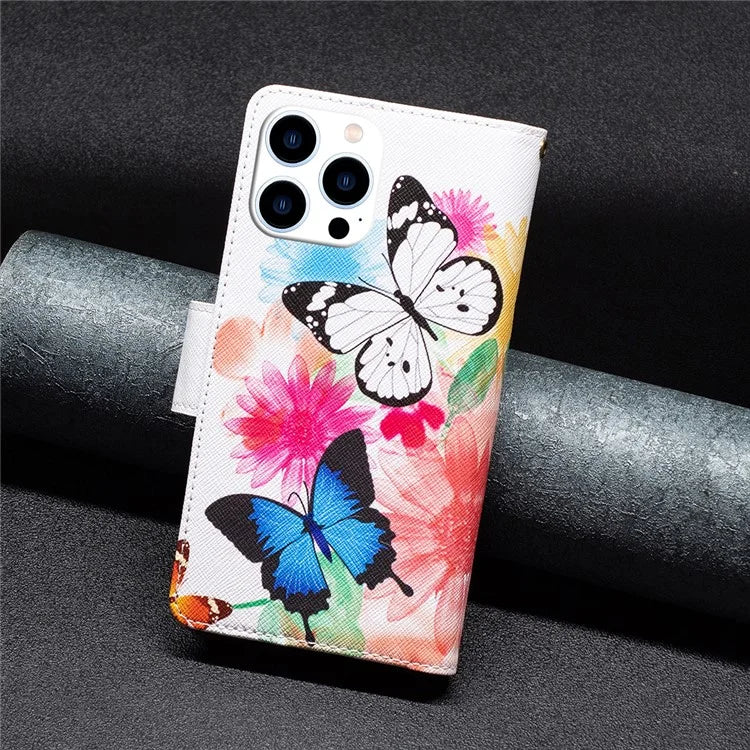 BF03 For iPhone 16 Pro Max Case Pattern Printing Zipper Leather Phone Cover