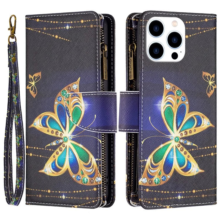 BF03 For iPhone 16 Pro Max Case Pattern Printing Zipper Leather Phone Cover