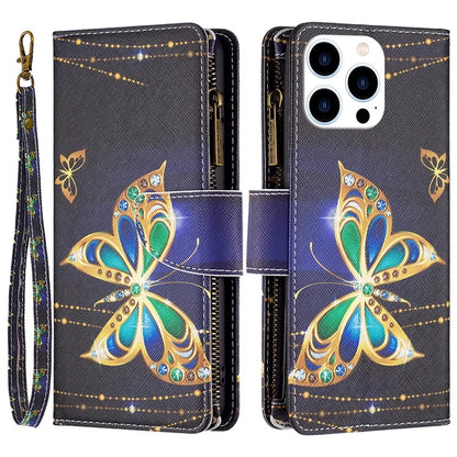 BF03 For iPhone 16 Pro Max Case Pattern Printing Zipper Leather Phone Cover