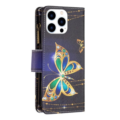 BF03 For iPhone 16 Pro Max Case Pattern Printing Zipper Leather Phone Cover