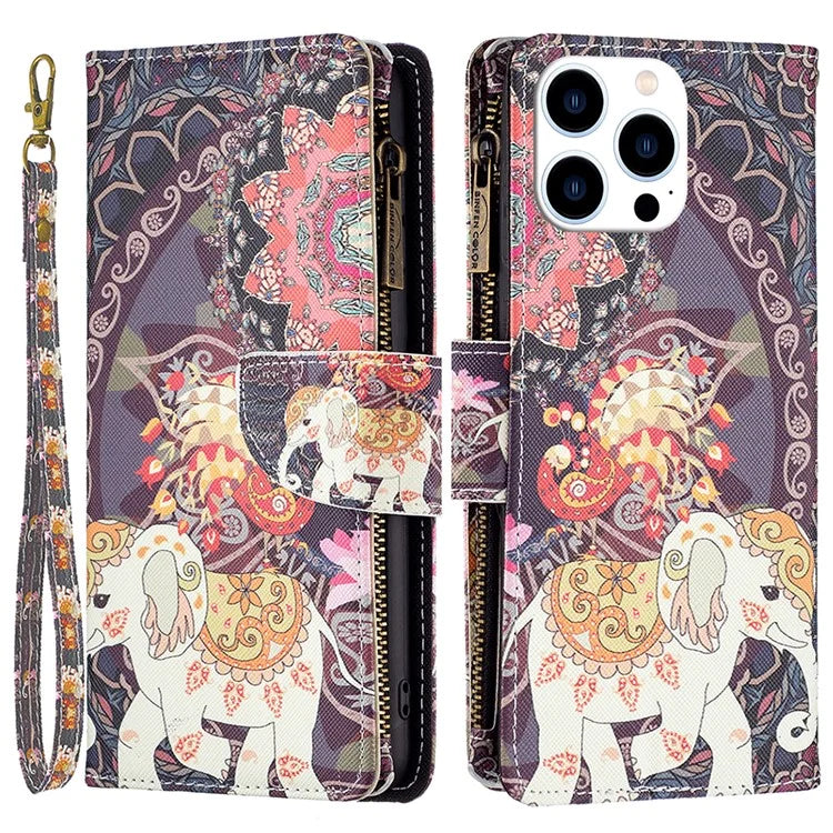BF03 For iPhone 16 Pro Max Case Pattern Printing Zipper Leather Phone Cover
