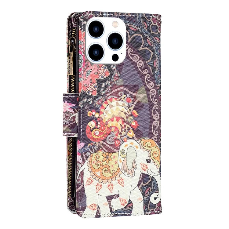 BF03 For iPhone 16 Pro Max Case Pattern Printing Zipper Leather Phone Cover