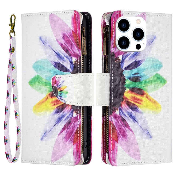 BF03 For iPhone 16 Pro Max Case Pattern Printing Zipper Leather Phone Cover
