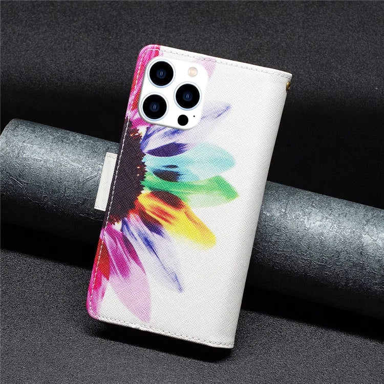 BF03 For iPhone 16 Pro Max Case Pattern Printing Zipper Leather Phone Cover