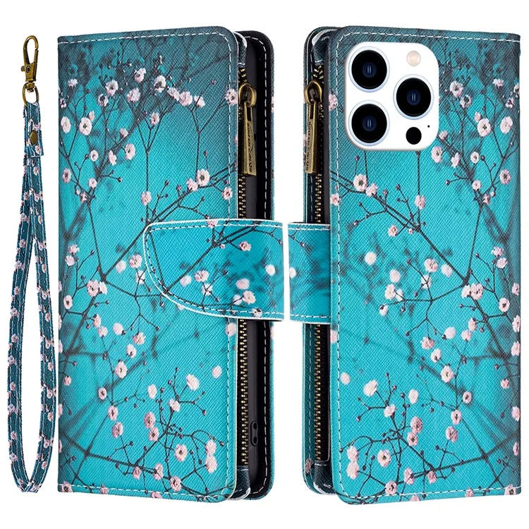 BF03 For iPhone 16 Pro Max Case Pattern Printing Zipper Leather Phone Cover