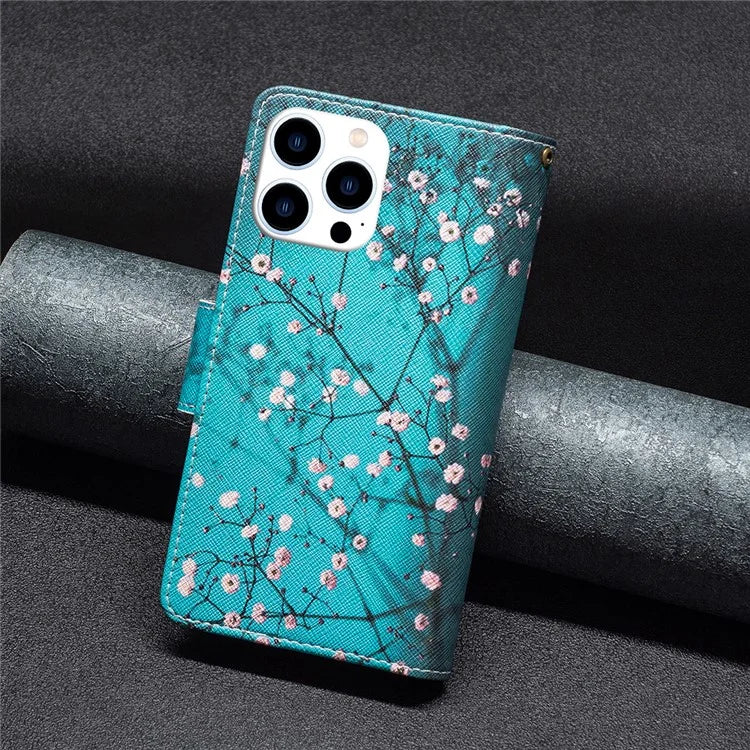 BF03 For iPhone 16 Pro Max Case Pattern Printing Zipper Leather Phone Cover