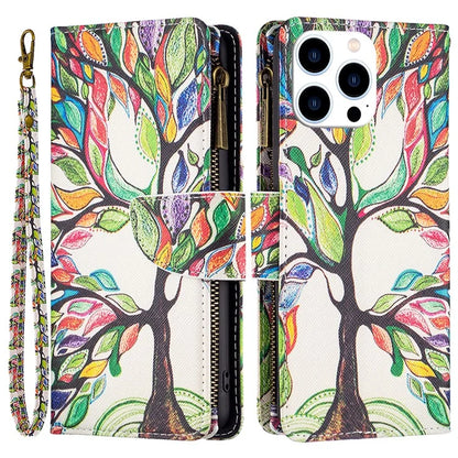BF03 For iPhone 16 Pro Max Case Pattern Printing Zipper Leather Phone Cover