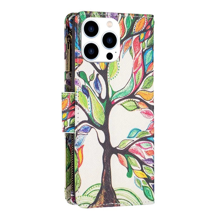 BF03 For iPhone 16 Pro Max Case Pattern Printing Zipper Leather Phone Cover