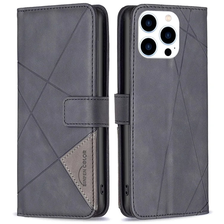 BINFEN COLOR BF05 For iPhone 16 Pro Max Wallet Case Leather Phone Cover Geometric Imprint