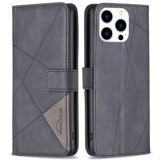 BINFEN COLOR BF05 For iPhone 16 Pro Max Wallet Case Leather Phone Cover Geometric Imprint