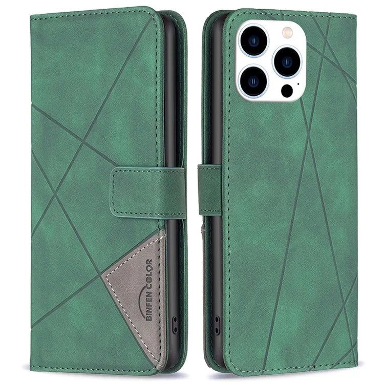 BINFEN COLOR BF05 For iPhone 16 Pro Max Wallet Case Leather Phone Cover Geometric Imprint