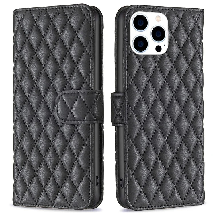 BINFEN COLOR BF Style-14 For iPhone 16 Pro Case Leather Rhombus Grid Phone Cover