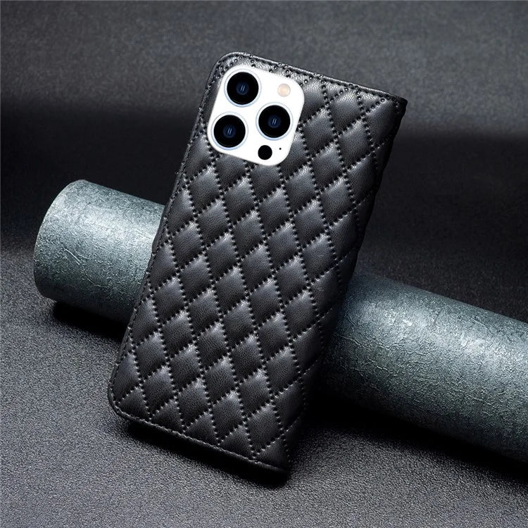 BINFEN COLOR BF Style-14 For iPhone 16 Pro Case Leather Rhombus Grid Phone Cover