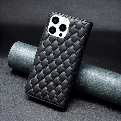 BINFEN COLOR BF Style-14 For iPhone 16 Pro Case Leather Rhombus Grid Phone Cover