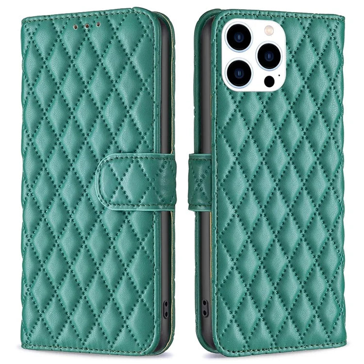 BINFEN COLOR BF Style-14 For iPhone 16 Pro Case Leather Rhombus Grid Phone Cover