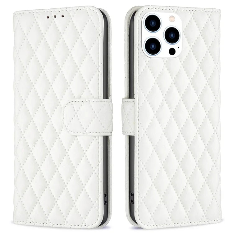 BINFEN COLOR BF Style-14 For iPhone 16 Pro Case Leather Rhombus Grid Phone Cover
