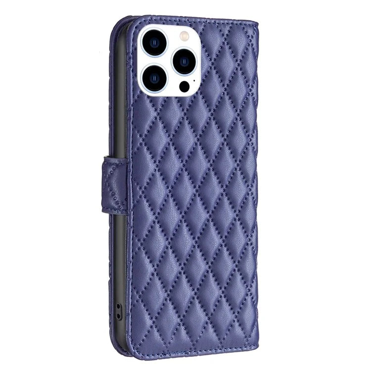BINFEN COLOR BF Style-14 For iPhone 16 Pro Case Leather Rhombus Grid Phone Cover