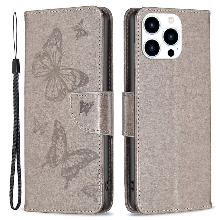 For iPhone 16 Pro Case Butterfly Pattern Leather Phone Cover with Wrist Strap