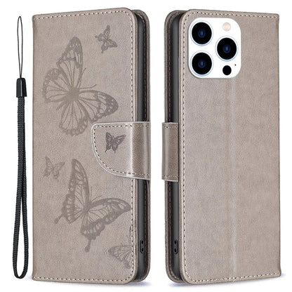 For iPhone 16 Pro Case Butterfly Pattern Leather Phone Cover with Wrist Strap