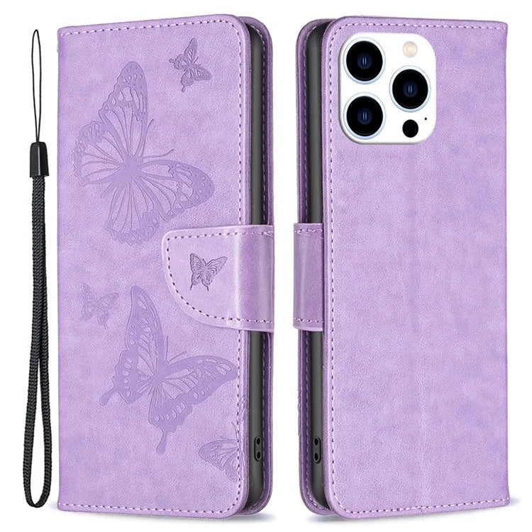 For iPhone 16 Pro Case Butterfly Pattern Leather Phone Cover with Wrist Strap