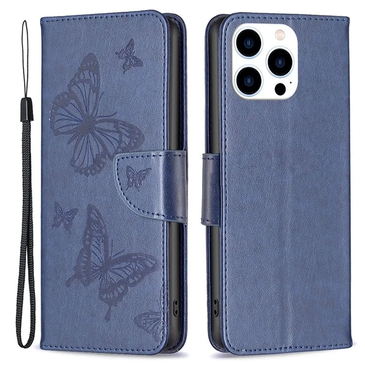 For iPhone 16 Pro Case Butterfly Pattern Leather Phone Cover with Wrist Strap