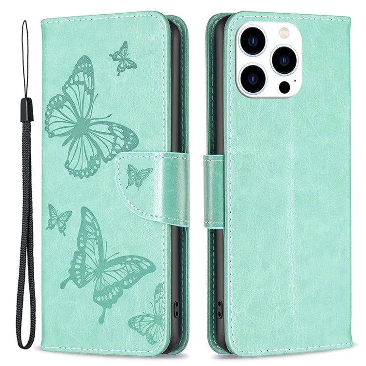 For iPhone 16 Pro Case Butterfly Pattern Leather Phone Cover with Wrist Strap
