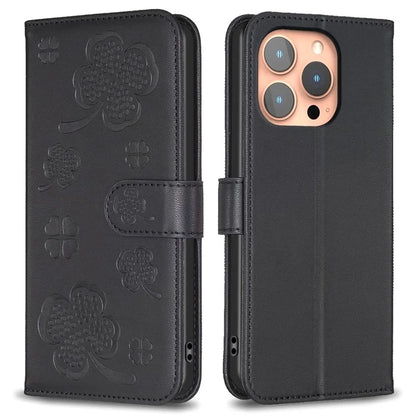 For iPhone 16 Pro Case Lucky Clover Pattern Leather Phone Cover