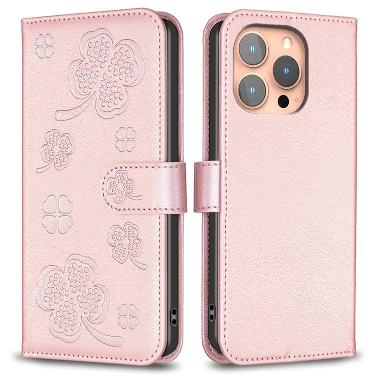 For iPhone 16 Pro Case Lucky Clover Pattern Leather Phone Cover