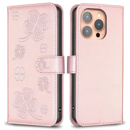 For iPhone 16 Pro Case Lucky Clover Pattern Leather Phone Cover