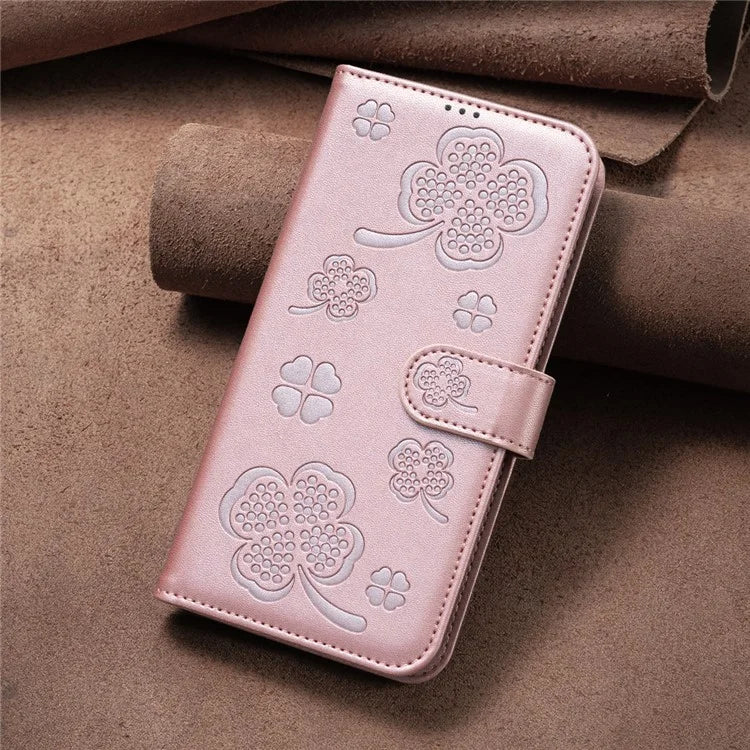 For iPhone 16 Pro Case Lucky Clover Pattern Leather Phone Cover