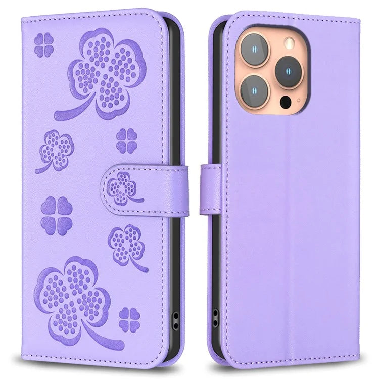 For iPhone 16 Pro Case Lucky Clover Pattern Leather Phone Cover