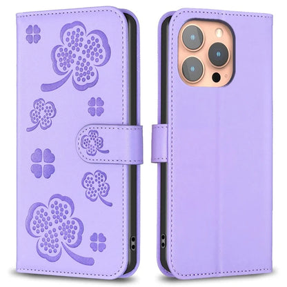 For iPhone 16 Pro Case Lucky Clover Pattern Leather Phone Cover