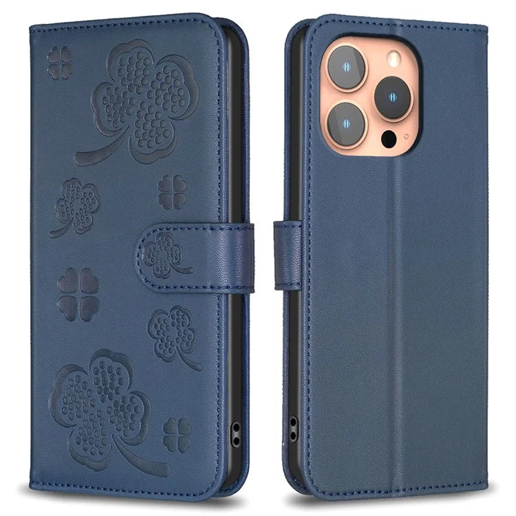 For iPhone 16 Pro Case Lucky Clover Pattern Leather Phone Cover