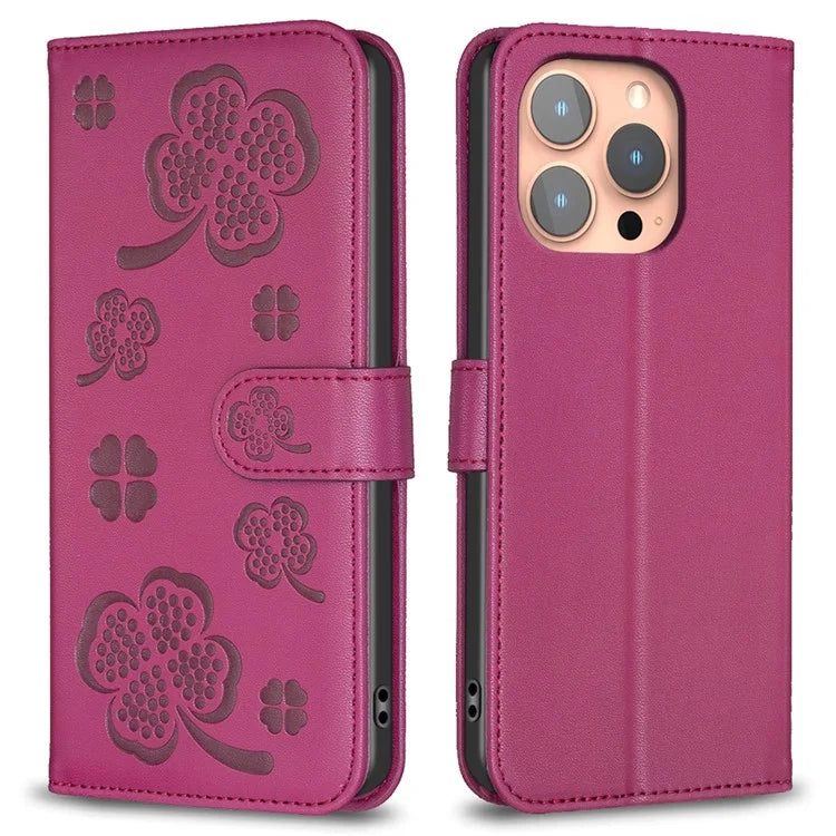 For iPhone 16 Pro Case Lucky Clover Pattern Leather Phone Cover