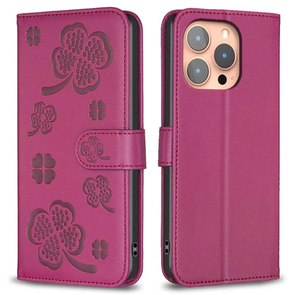 For iPhone 16 Pro Case Lucky Clover Pattern Leather Phone Cover